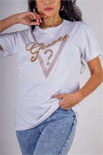 Футболка "Guess" с треугольником стразы, камешки, бусины 54495
